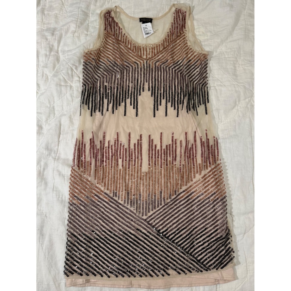 AS by DF Starlet Shift Dress Blush Cream Sequin Mesh Tunic with Slip Size Large